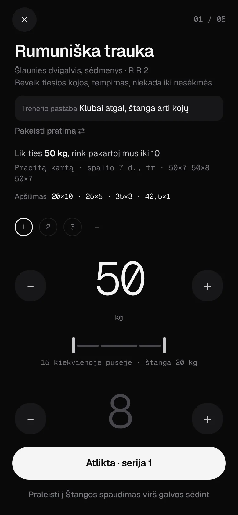 Pratimo ekranas su trenerio pastaba, apšilimu ir svorio pasiūlymu